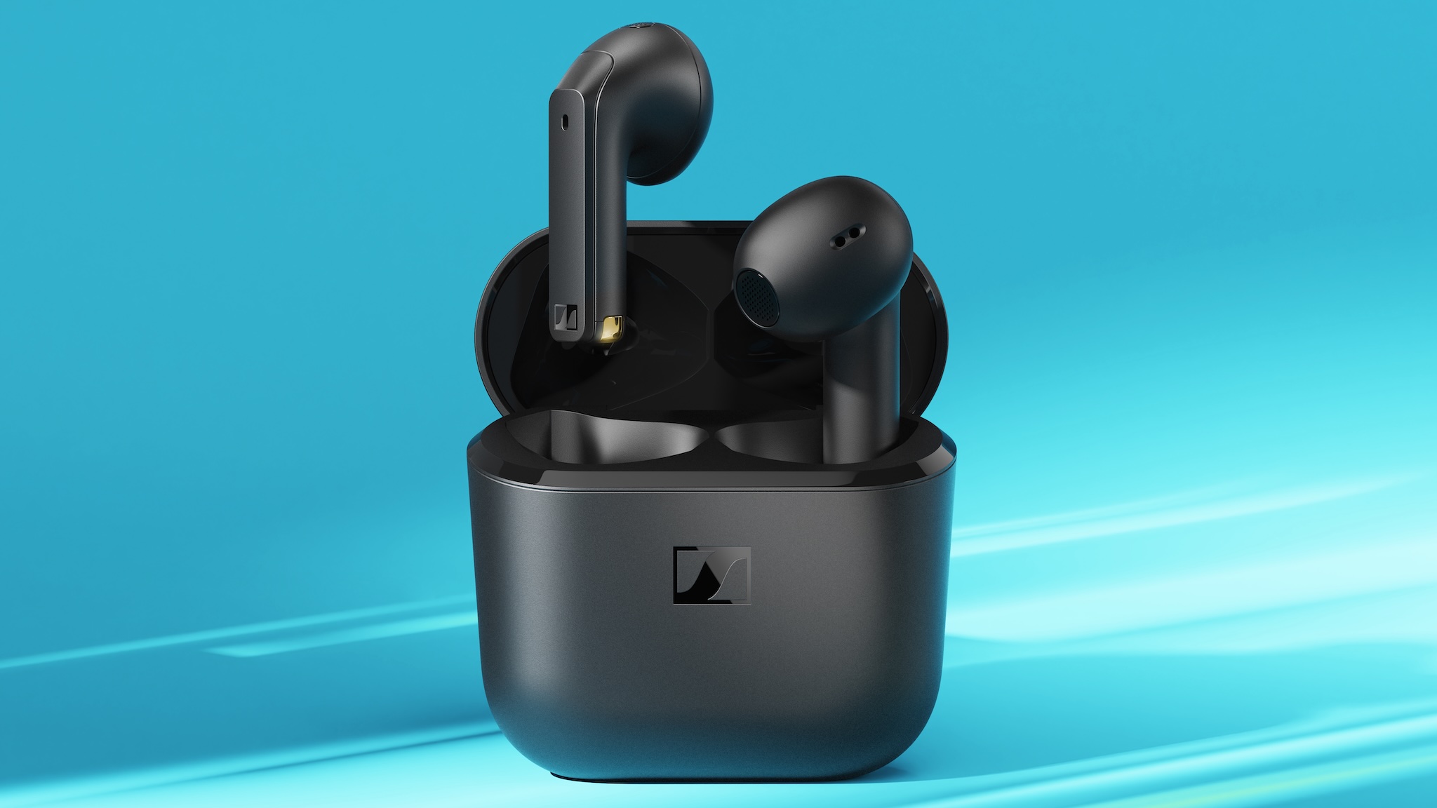 Sennheiser Accentum Open earbuds on a blue background