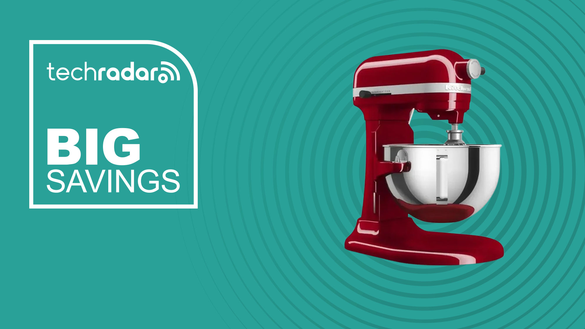 The KitchenAid 5.5Qt Stand Mixer on a blue background with text saying Big Savings.