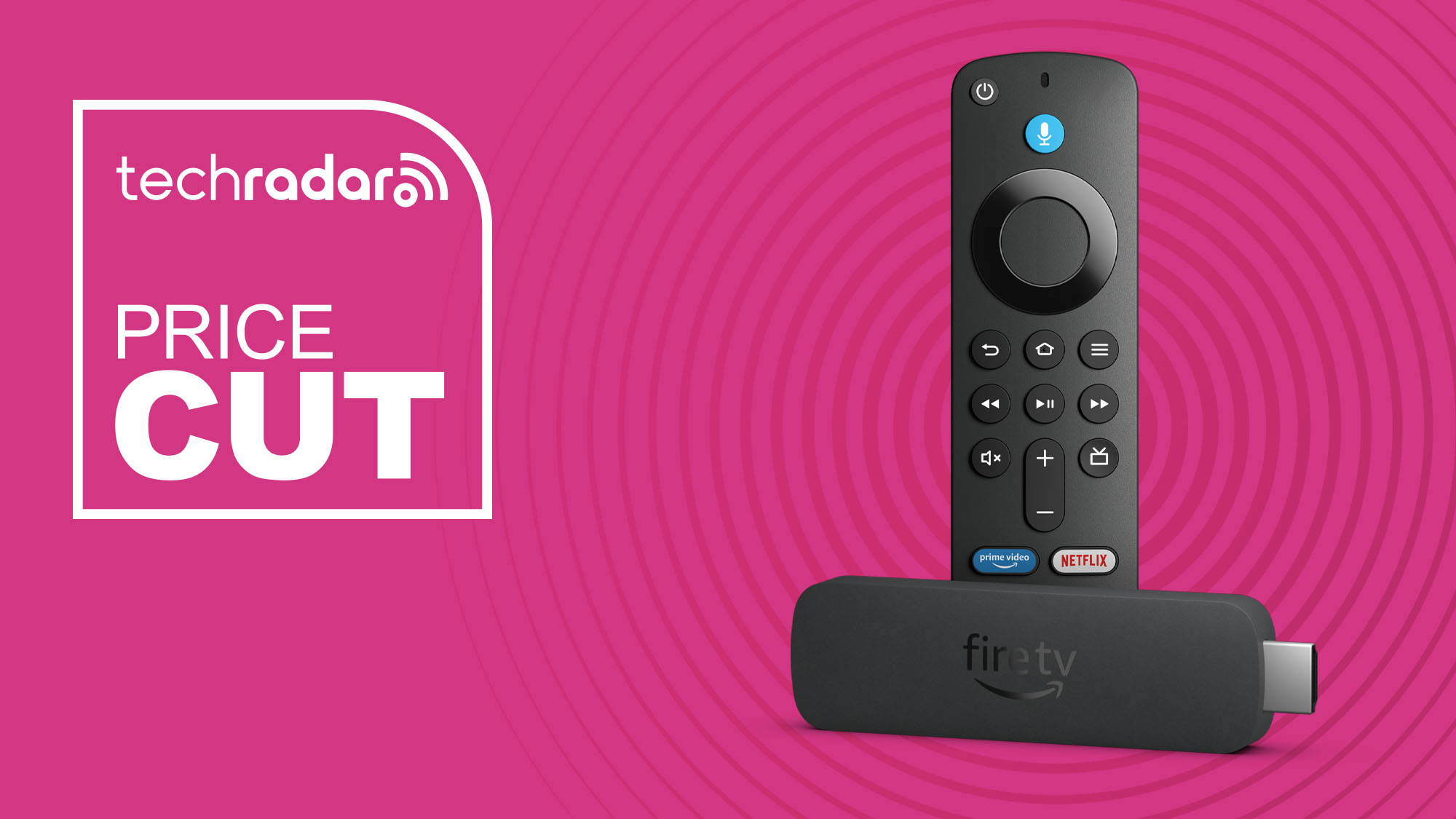 Amazon Fire TV Stick 4K and remote on pink background with price cut TechRadar sign