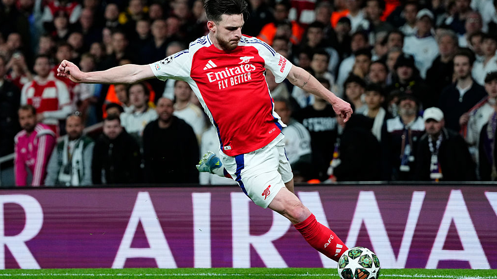 Declan Rice central midfield of Arsenal and England in action during the UEFA Champions League 2024/25 Quarter Final First Leg match in April 2025